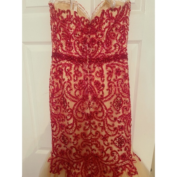 Tony Bowls Nude Prom Mermaid Gown With Red Beading (size 4) - Picture 5 of 12